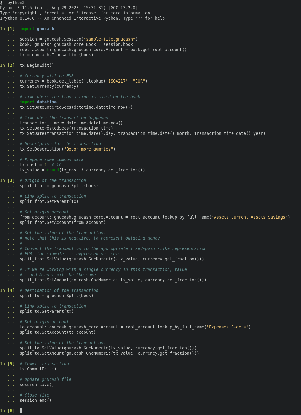 Terminal screenshot showing the execution of the code described above
