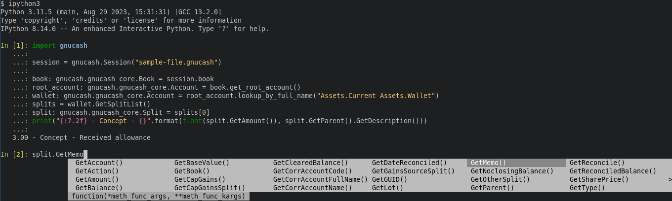 An IPython window showing the code executed and interactive autocompletion of the split object